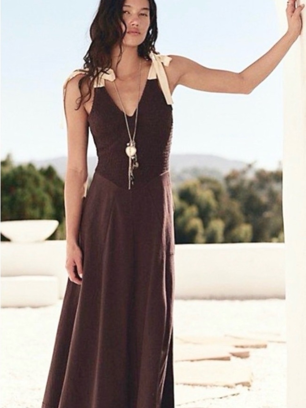 Free Est by Free People Brown Tie-Shoulder Midi Dress w pockets Soze Medium